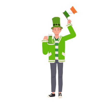 Hombre jovial con bandera irlandesa y vaso de cerveza  Ilustración
