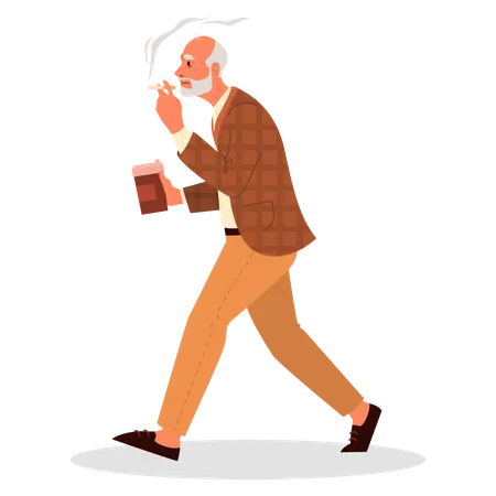 Hombre jubilado caminando con una taza de café  Ilustración