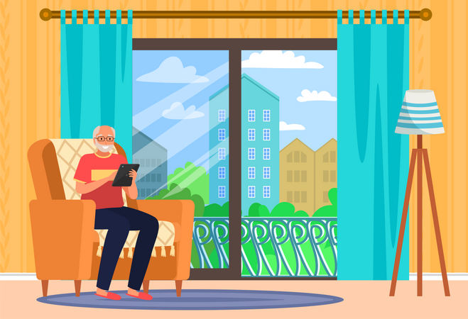 Hombre jubilado usando un teléfono inteligente mientras está sentado en el sofá  Ilustración