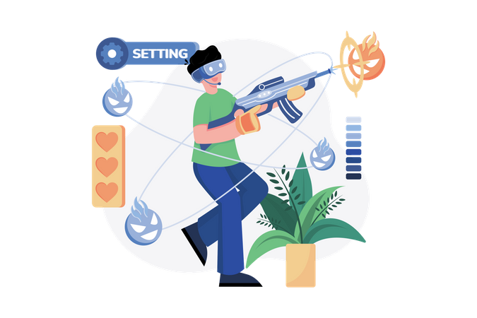 Hombre jugando al juego de disparos de acción VR  Ilustración
