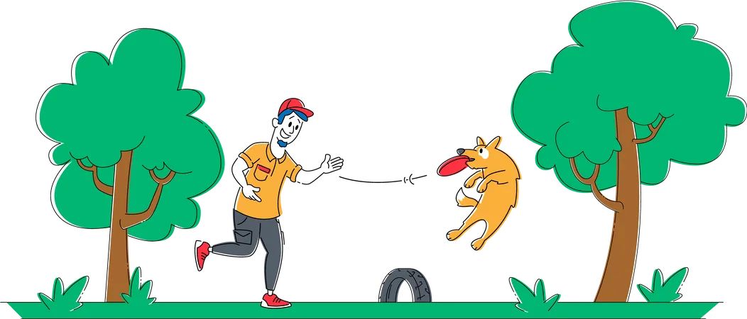 Hombre Joven Caminando Con Perro Al Aire Libre Personaje Masculino Jugando Con Mascotas Pasando Tiempo En Summertime Park Ocio Relajante Comunicacion Con El Animal Domestico Ilustracion De Vectores Planos De Dibujos Animados Arte Lineal Ilustración