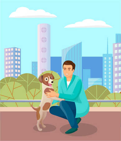 Hombre jugando con perro mascota  Ilustración