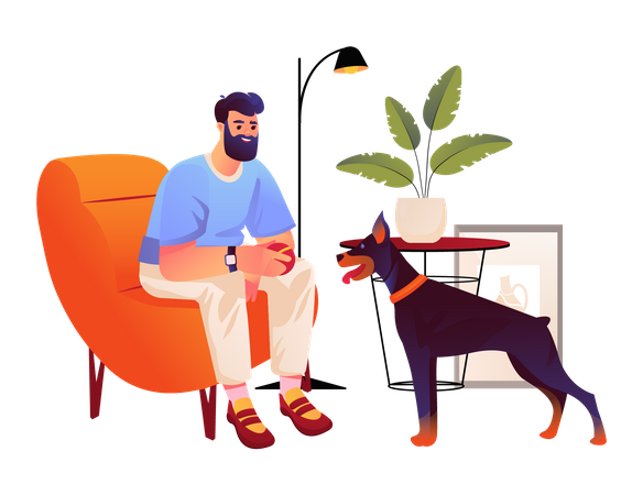 Hombre jugando con perro mascota en casa  Ilustración