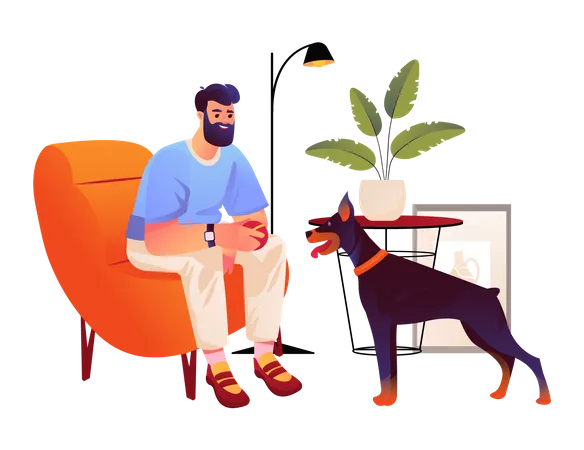 Hombre jugando con perro mascota en casa  Ilustración