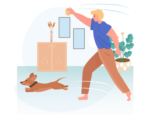Hombre jugando con un perro en casa  Ilustración