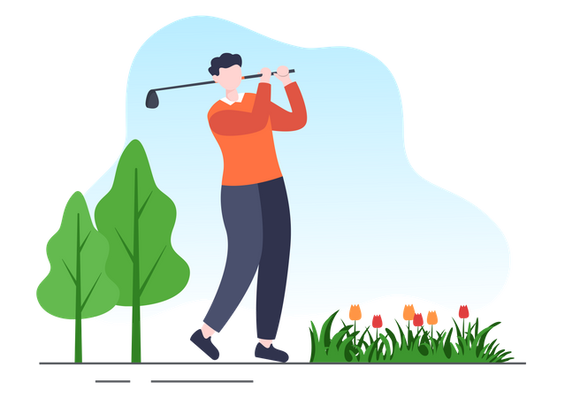 Hombre jugando al golf en el suelo  Ilustración