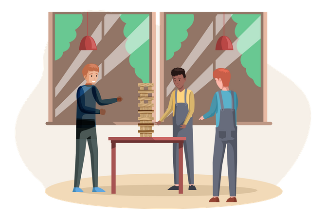 Hombre jugando Jenga en casa  Ilustración