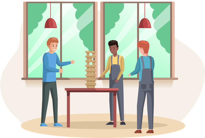 Hombre jugando jenga en casa juntos  Ilustración