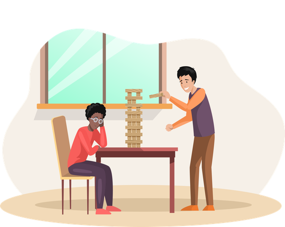 Hombre jugando jenga en casa juntos  Ilustración
