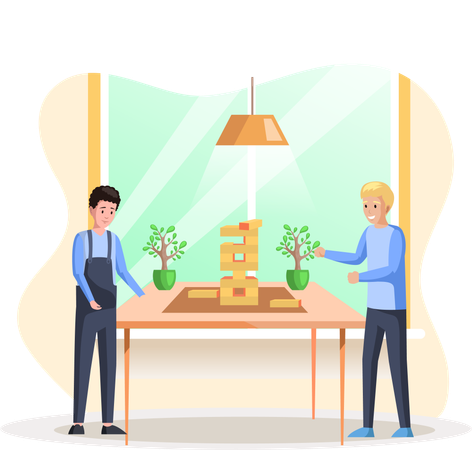 Hombre jugando jenga en casa juntos  Ilustración