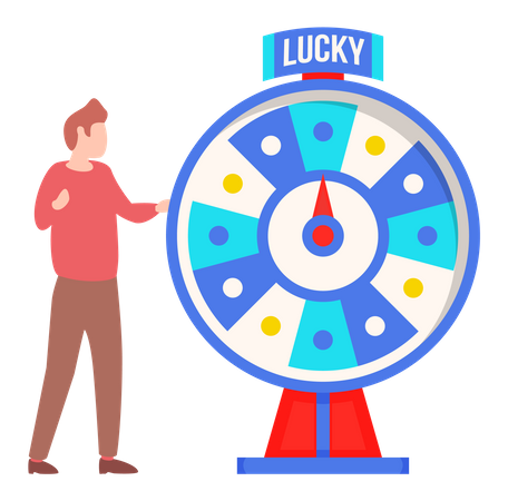 Hombre jugando juego de riesgo con rueda de la fortuna  Ilustración