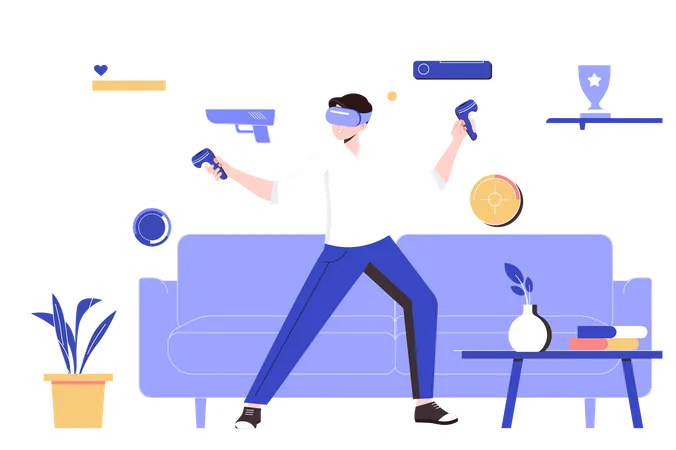 Hombre jugando juego de realidad virtual en casa  Ilustración