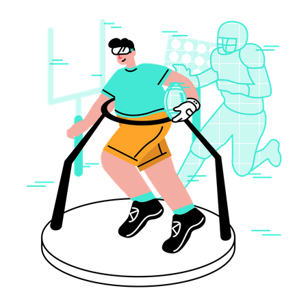 Hombre jugando simulación virtual de fútbol americano.  Ilustración