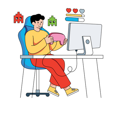 Hombre jugando videojuegos en línea  Ilustración