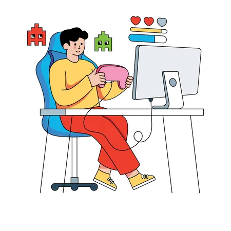 Hombre jugando videojuegos en línea  Ilustración