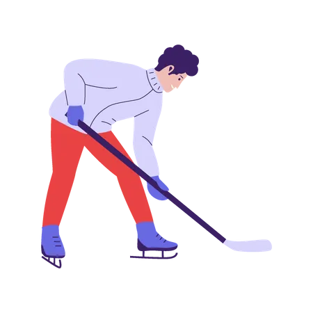 El hombre juega al hockey en la temporada de invierno.  Ilustración