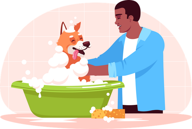 Hombre lavando perro  Ilustración