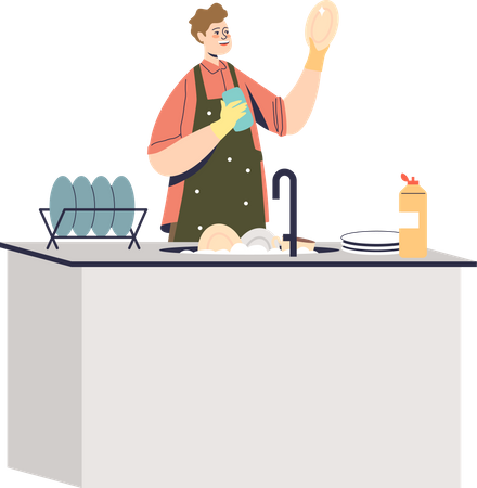 Hombre lavando platos en casa  Ilustración