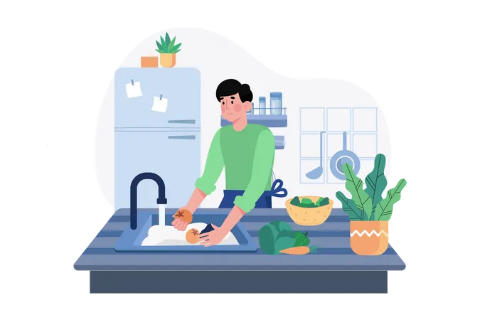 Hombre lavando verduras en la cocina  Ilustración