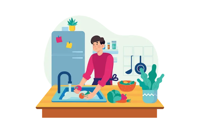 Hombre lavando verduras en la cocina  Ilustración