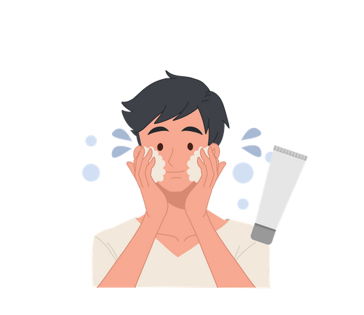 Hombre lavándose la cara con espuma limpiadora facial para el tratamiento del acné  Ilustración
