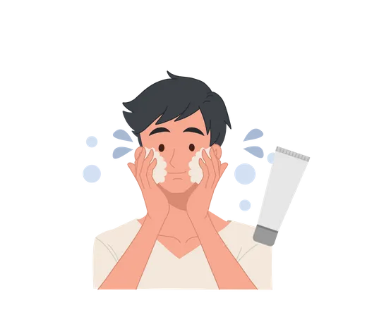 Hombre lavándose la cara con espuma limpiadora facial para el tratamiento del acné  Ilustración