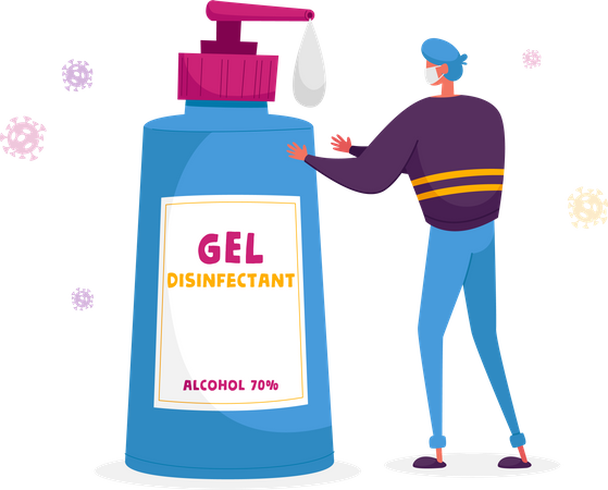 Hombre lavándose las manos con botella de gel desinfectante  Ilustración