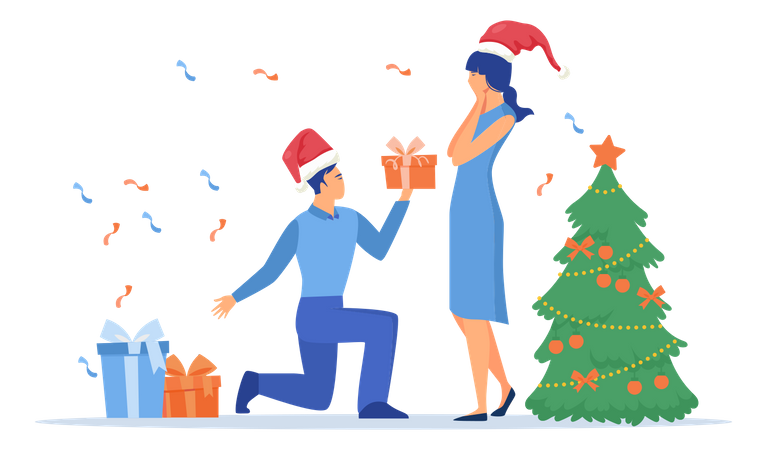 Un hombre le da un regalo de Navidad a una mujer  Ilustración