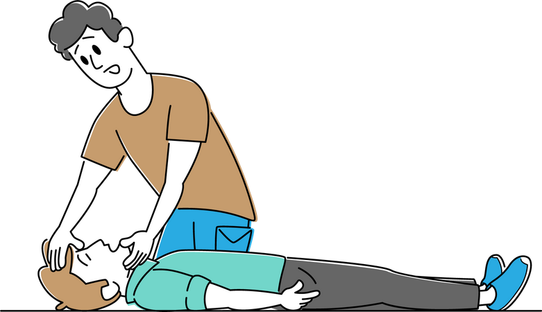 El hombre levanta la barbilla hacia el paciente enfermo para comprobar la respiración  Ilustración
