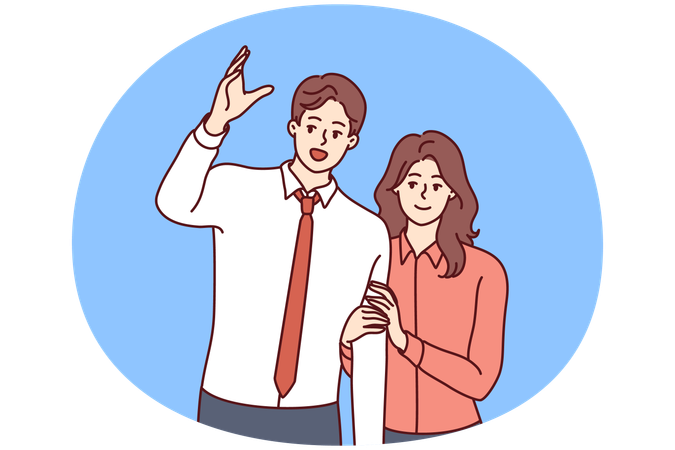 Hombre levantando la mano queriendo hacerse notar y mujer modesta y sonriente detrás  Ilustración