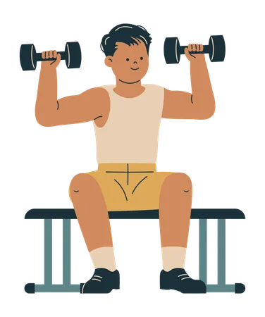 Hombre levantando mancuernas en el gimnasio  Ilustración