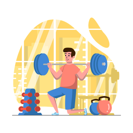Hombre levantando pesas en el gimnasio  Ilustración