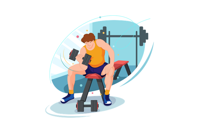 Hombre levantando pesas en el gimnasio.  Ilustración