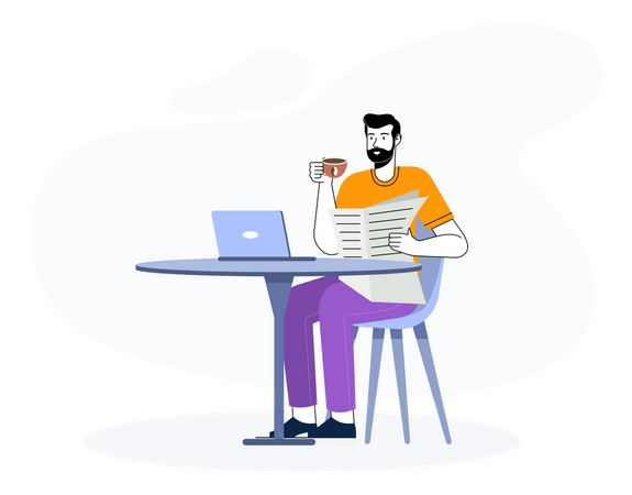 Hombre leyendo el periódico con una bebida de café y una computadora portátil  Ilustración
