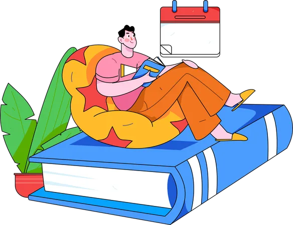 Hombre leyendo libro con horario  Ilustración