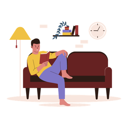 Hombre leyendo un libro en el sofá  Ilustración