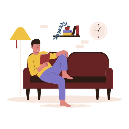 Hombre Leyendo Un Libro En El Sofa Actividades De Personas En El Sofa Concepto De Ilustracion Vectorial Ilustración