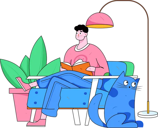 Hombre leyendo un libro en el sofá  Ilustración