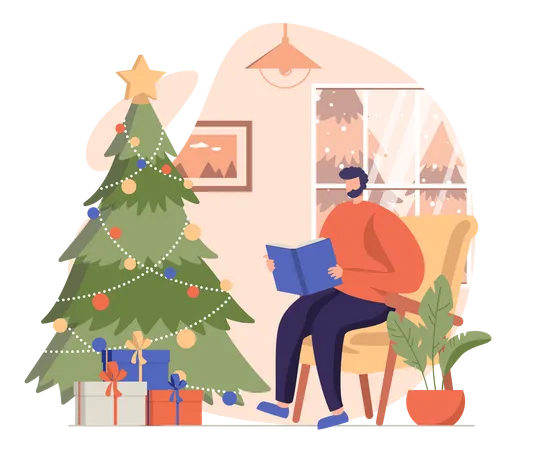 Hombre leyendo un libro en Nochebuena  Ilustración