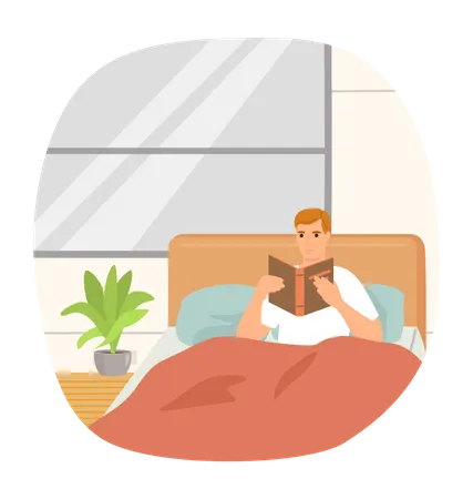 Hombre leyendo un libro mientras se relaja en la cama  Ilustración