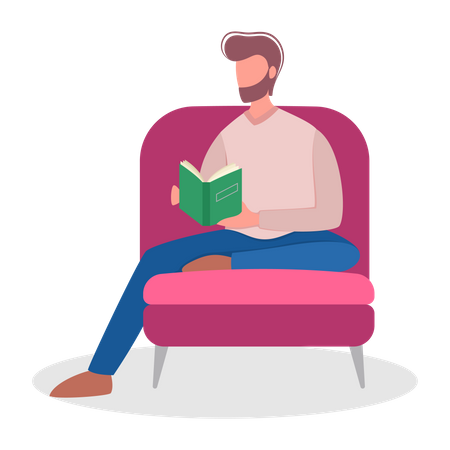 Hombre leyendo un libro mientras está sentado en una silla  Ilustración