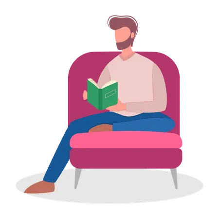 Hombre leyendo un libro mientras está sentado en una silla  Ilustración