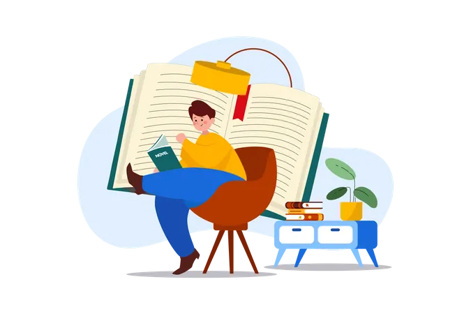 Hombre leyendo novela en tiempo libre  Ilustración
