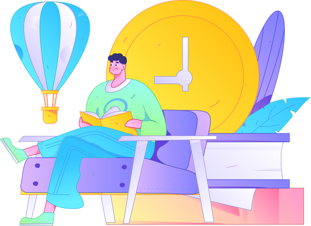 Hombre leyendo un libro a tiempo  Ilustración