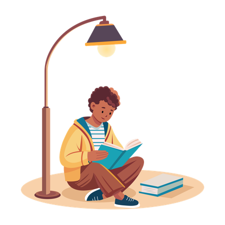 Hombre leyendo un libro bajo la luz de la calle  Ilustración