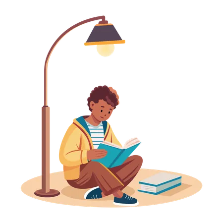 Hombre leyendo un libro bajo la luz de la calle  Ilustración