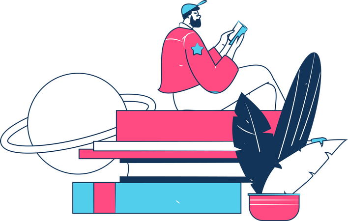 Hombre leyendo un libro electrónico en el teléfono móvil  Ilustración