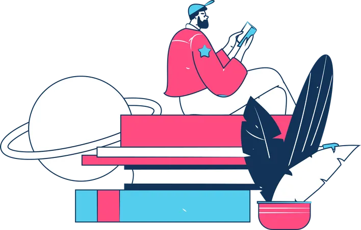 Hombre leyendo un libro electrónico en el teléfono móvil  Ilustración