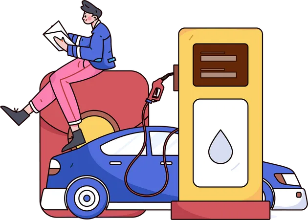 Hombre leyendo un libro en una gasolinera  Ilustración