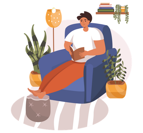 Hombre leyendo un libro mientras se relaja en el sofá  Ilustración